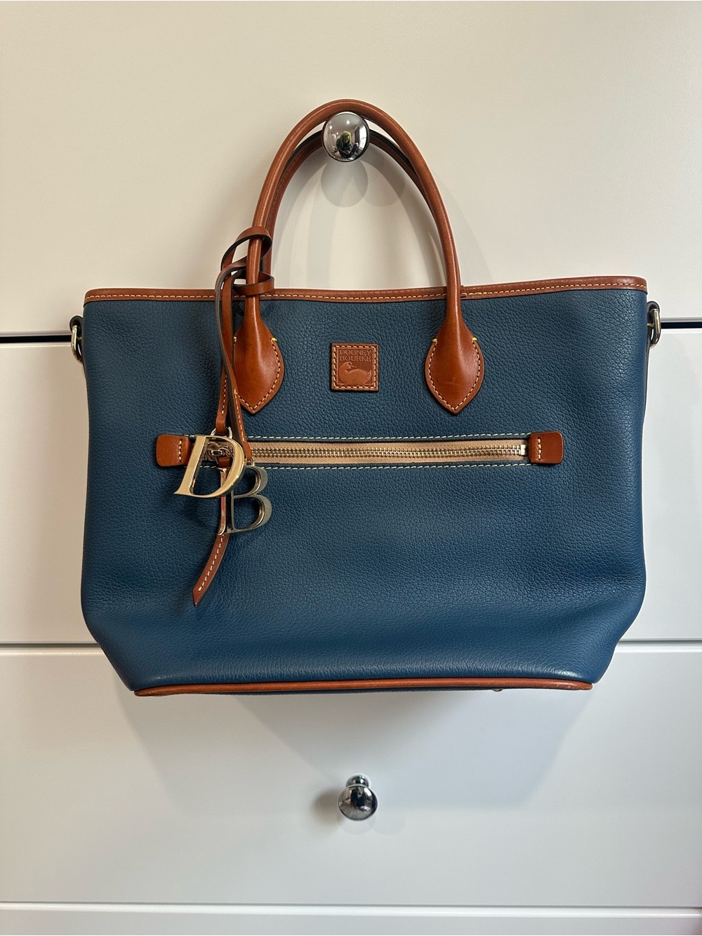 Dooney & Bourke Blue Pebble Leather Tote with Brown Trim